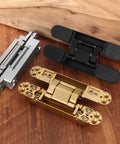Hidden Door Hinges Set Two Pack Six Inch Three Way Adjustable Invisible Hinges With 180 Degree Swing Heavy Duty Concealed Hinges Load Bearing Up To 88 Lbs Silver Finish For Hidden Doors And Feature Walls shown in silver, black, and gold.