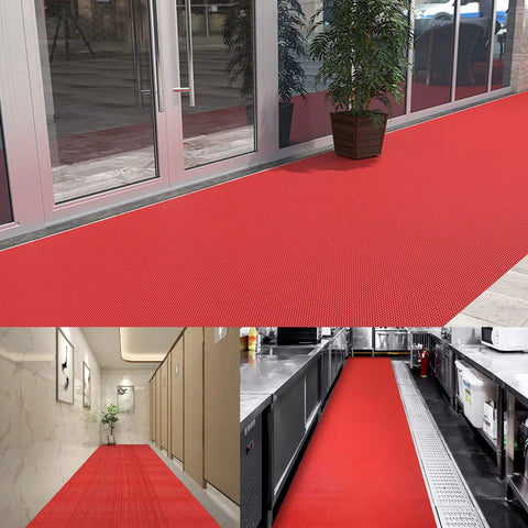 Commercial Drainage Floor Mat 3 ft by 16 ft Non Slip Heavy Duty Wet Area Mat for Indoor Outdoor Use Pool Kitchen Bathroom PVC Mesh Hollow 0.22 in Thick Red