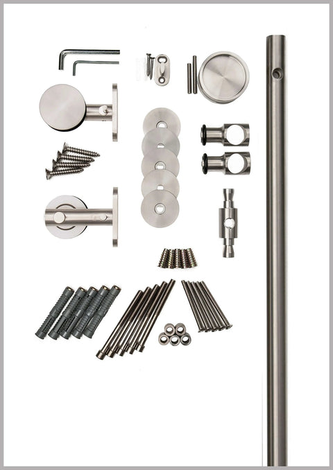 Contemporary Stainless Steel Sliding Barn Door Hardware Kit For Wood Doors Satin Finish 6 Ft Rail 220 Lb Capacity Smooth Quiet Glide Easy Install Made From 304 Grade Steel, components shown