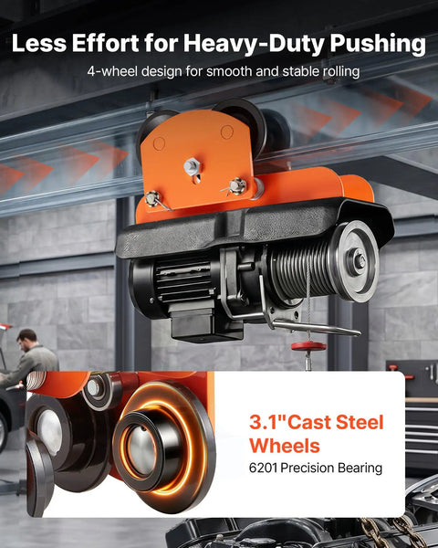 Beefy Electric Hoist Trolley Kit, 1100 Lb Capacity with cast steel wheels and precision bearing on I-beam for heavy-duty lifting