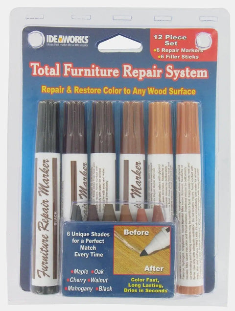 Total Furniture Repair System 12 Piece Kit JB5658 with repair markers and filler sticks for wood surfaces