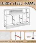 White Dresser TV Stand For 45 To 55 Inch TVs With LED Lighting And Charging Station showcasing sturdy steel frame and waterproof wood top.