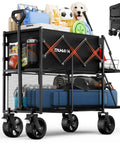 Two Tier Collapsible Wagon With Brakes And Big All Terrain Wheels Folding Utility Cart for heavy duty hauling camping gear sports groceries shopping garden and outdoor use.