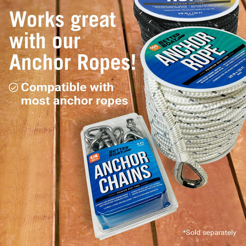 Hella Tough 316 Marine Grade Stainless Steel Anchor Chain One Quarter Inch By Four Feet with anchor ropes on wooden surface.