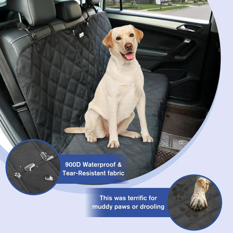 Back Seat Protector For Compact Cars And Small SUVs, 900D Oxford Waterproof, non-slip with dog seated on bench, easy to clean.
