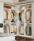 Heavy Duty White Closet System With Twelve Hanging Rods And Shelves Eight Foot Modular Walk In Organizer Custom Adjustable Wooden Storage Rack Haul Ready featuring organized clothing and shelves.