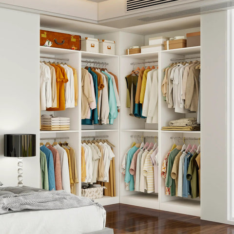 Heavy Duty White Closet System With Twelve Hanging Rods And Shelves Eight Foot Modular Walk In Organizer Custom Adjustable Wooden Storage Rack Haul Ready featuring organized clothing and shelves.