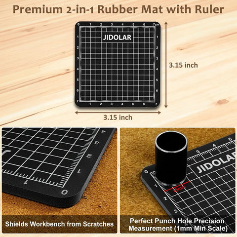 Premium 2-in-1 rubber mat with ruler, 3.15-inch square, for Pro Grade Leather Circle Cutter Tool Set 13 Piece Circle Punch Kit
