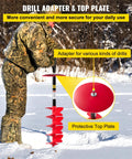 Person using 8 Inch Nylon Ice Fishing Auger Kit With 14 Inch Extension, drill adapter and top plate on frozen lake.