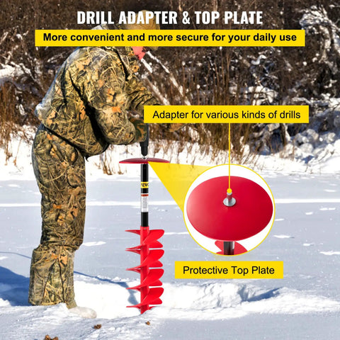Person using 8 Inch Nylon Ice Fishing Auger Kit With 14 Inch Extension, drill adapter and top plate on frozen lake.