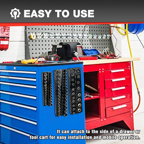 Must-Have 6-Piece Magnetic Socket Organizer Set For SAE And Metric Sockets Holds 141 Shallow And Deep Organizers on Tool Cart