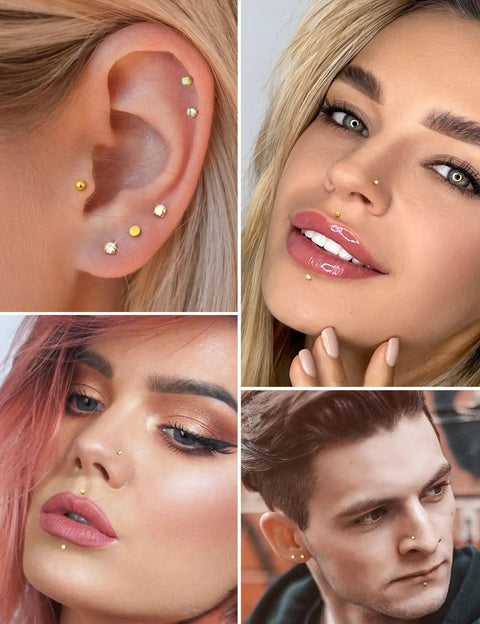 20G Flat Back Threadless Earrings For Women And Men Hypoallergenic 316L Surgical Stainless Steel Nose Lip Tragus Cartilage Medusa Piercing Jewelry 2mm Studs With 14K Gold Filled Shine on ear and face models