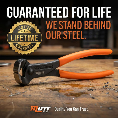 8 Inch End Cutting Pliers Heavy Duty CRV Steel Nail Puller Tool For Woodworking And Electrical Prep Nail Extractor And Wire Cutter End Nippers With Ergonomic Grip For Nails Staples And Small Fasteners displayed on a wooden surface with a lifetime warranty badge.