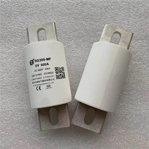 High Voltage DC Fast Fuse For Electric Vehicles With 500 Amp And 800 Volt Rating featuring ceramic housing on a white background.