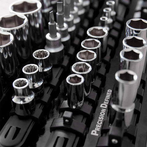Portable Socket Organizer Tray Holds Up To Eighty Sockets Including Clips For One Quarter Three Eighths And Half Inch Sizes in use
