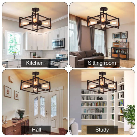 Industrial Black 4 Light Dope Semi Flush Mount Ceiling Light Fixture With E26 Socket in various home settings.
