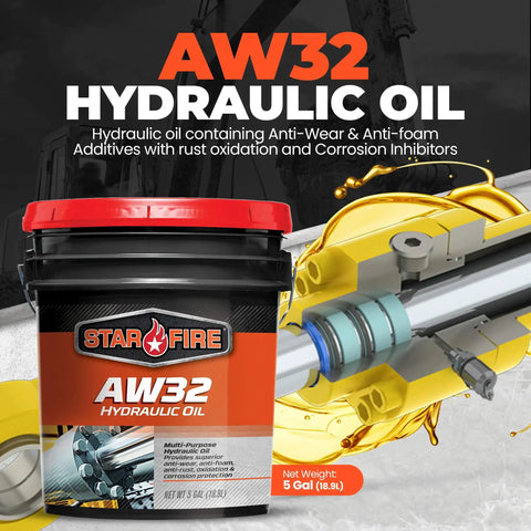 AW32 Hydraulic Fluid 5 Gallon Pail with industrial machinery background