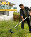 Man using Beast Mode Double Head Sickle Weeding Tool Manual Weeder With Sharp Curved Blade And Flat Chopping Blade in garden