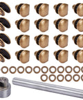 20 Piece Boot Hook Kit With Brass Shoelace Eyelets And Rivets, shown with installation tools, for hiking and climbing boots.