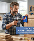 Heavy Duty 35mm Concealed Cabinet Door Hinge Drill Jig Kit With Forstner Guide Template used by a man on cabinet door.