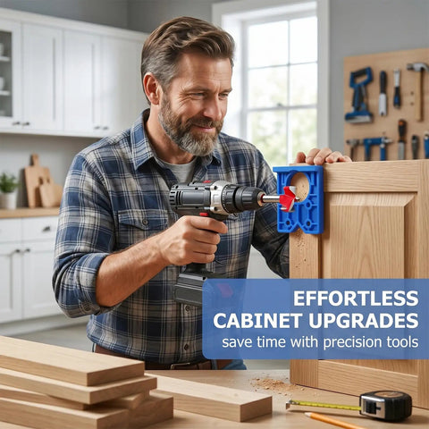 Heavy Duty 35mm Concealed Cabinet Door Hinge Drill Jig Kit With Forstner Guide Template used by a man on cabinet door.