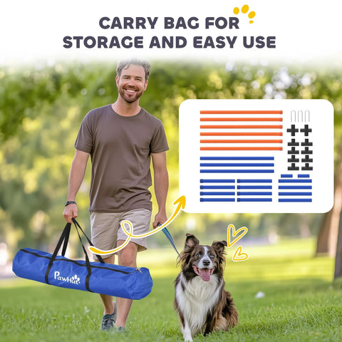 Man carrying adjustable dog agility training equipment for backyard courses with weave poles, carry bag, and stakes