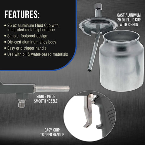 Shop Grade Pneumatic Undercoating Spray Gun With Dead On Air Regulator And Bulk 25 Oz Suction Cup for rust-proofing features.