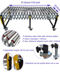 Hefty Expandable Roller Conveyor Adjustable From 47 To 118 Inches Long featuring stainless steel rollers, adjustable height, and smooth operation.