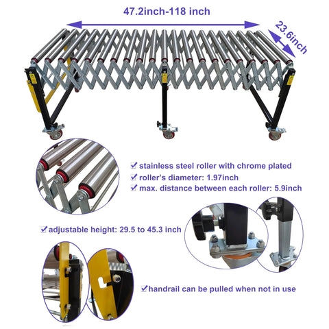 Hefty Expandable Roller Conveyor Adjustable From 47 To 118 Inches Long featuring stainless steel rollers, adjustable height, and smooth operation.