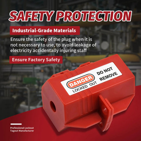 Two Electrical Plug Lock Boxes With Padlocks For Cords, Medium Size Kit, with safety warning label