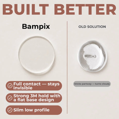 Comparison of Clear Silicone Door Knob Wall Protectors 2 Inch Flat Profile Self Adhesive Bumpers and old solution, showing design features.
