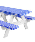 Three Piece Set 8 Foot Picnic Table Cover With Bench Covers And Vinyl Fitted Tablecloth Blue Checkered For 6 And 8 Foot Tables Camping Essentials And RV Accessories
