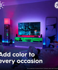 Cync Accent Lighting Kit With Full Color LED Strips Easy Install Bluetooth And Wi Fi Control Includes Extension Strip And Power Supply for Mood Lighting in Any Room, illuminating modern living room.