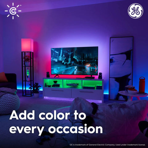 Cync Accent Lighting Kit With Full Color LED Strips Easy Install Bluetooth And Wi Fi Control Includes Extension Strip And Power Supply for Mood Lighting in Any Room, illuminating modern living room.