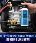 Pressure Washer Pump Saver Antifreeze And Lubricant 4 Oz bottle held by hand, next to pressure washer pump