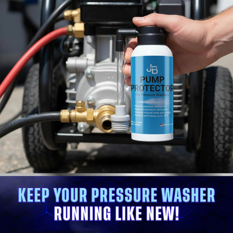Pressure Washer Pump Saver Antifreeze And Lubricant 4 Oz bottle held by hand, next to pressure washer pump