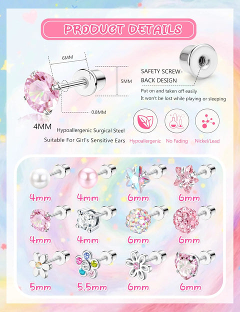 12 Pairs Hypoallergenic Screw Back Earrings Set For Women And Girls Surgical Steel With Cute Heart CZ Flower Pearl Ball Tiny Studs Totally Everyday Jewelry Collection, 4-6mm