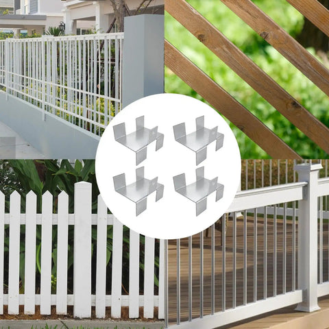 Four Piece No Drill Fence Brackets With Gravel Board Clips displayed with various fence types and metal anti rattle hardware.