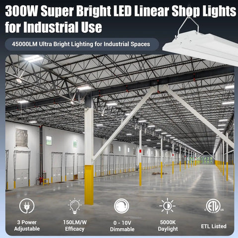 Four Pack 300W LED Linear High Bay Shop Lights With Massive 45000LM Output 5000K Daylight 120-277V for large warehouse