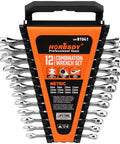 Rock Solid 12 Piece Metric Wrench Set With Compact Storage Holder Crafted From Tough Chrome Vanadium Steel And 12 Point Box Ends Covering 8mm To 19mm For Reliable Auto Shop Repairs, displayed in a compact holder.