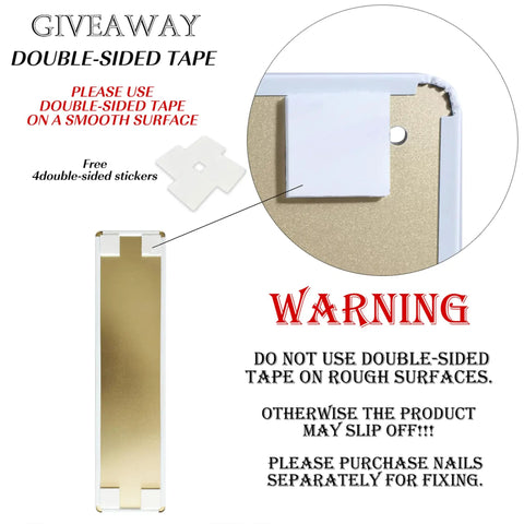 Instructional image showing double-sided tape use for Snag This Sick Vintage Metal Tin Sign Keep It Weird Wall Decor Plaque 4x16 Inches.