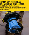 Reusable Blue Cloth Filter With Clamp Ring 19-1500 For 5-6 Gallon Wet Dry Vacs, inserted in vacuum, showing compatibility with models
