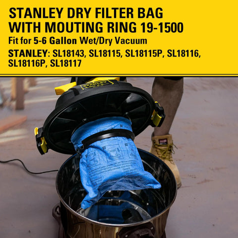 Reusable Blue Cloth Filter With Clamp Ring 19-1500 For 5-6 Gallon Wet Dry Vacs, inserted in vacuum, showing compatibility with models