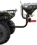 ATV UTV Dry Material Spreader 2.2 Cu Ft With 2 Inch Receiver Mount And Rain Cover attached to ATV