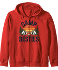 Red Family Camping Zip Hoodie For RV Campers And Camp Lovers with 'Camp Besties' graphic, perfect for outdoor enthusiasts.