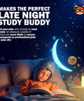 Child reading under Kids Book Night Light Lantern For Camping And Reading USB Rechargeable Desk Lamp with moon backdrop.