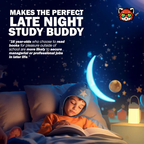 Child reading under Kids Book Night Light Lantern For Camping And Reading USB Rechargeable Desk Lamp with moon backdrop.