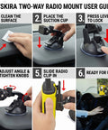 Go-To Suction Cup Car Mount For Two-Way Radios setup guide with images showing cleaning surface, placing mount, and locking lever