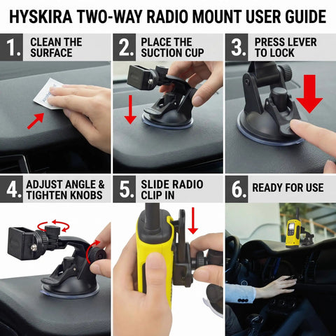 Go-To Suction Cup Car Mount For Two-Way Radios setup guide with images showing cleaning surface, placing mount, and locking lever