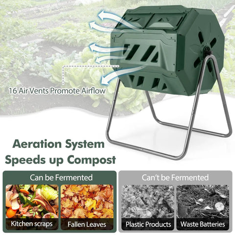 Image of Dual Chamber 42 Gal Compost Tumbler with Sliding Doors, showcasing aeration vents, metal frame, in backyard setting